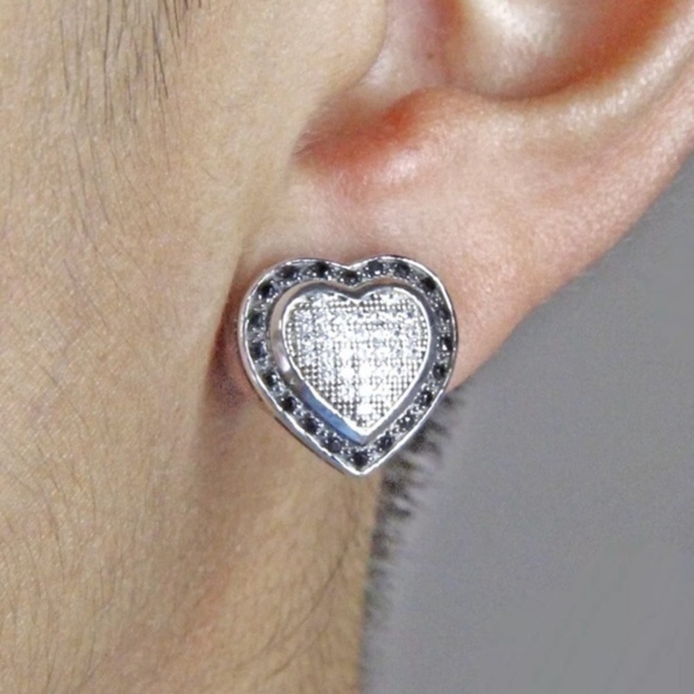 White sapphire black cz paved heart stud earrings